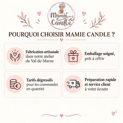Avantages des mugs Mamie Candle : fabrication artisanale, emballage soigné prêt à offrir, tarifs dégressifs, préparation rapide et service client à votre écoute