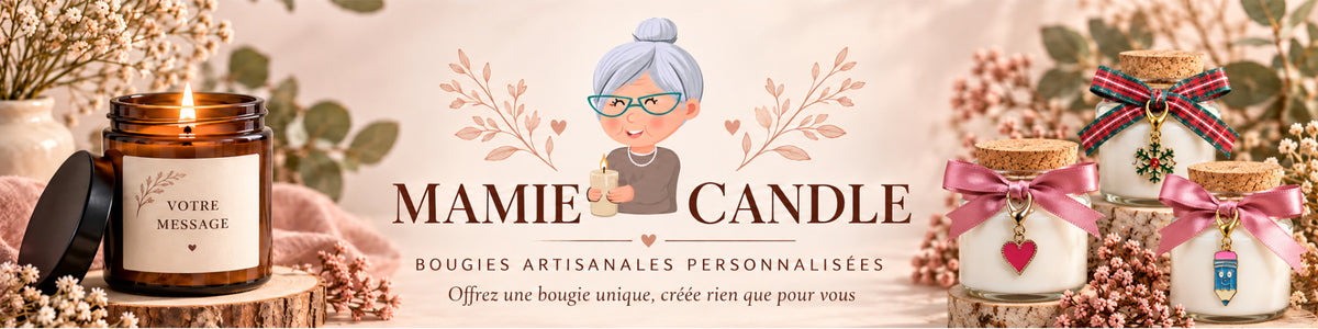 Bannière Mamie Candle avec bougie personnalisée ambrée et mini bougies artisanales à pendentifs
