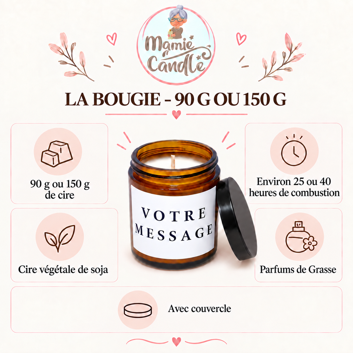 Bougie personnalisée en pot ambré de 90 g ou 150 g avec 25 ou 40 heures de combustion