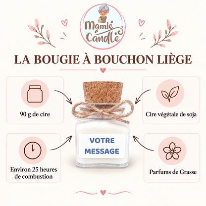 Bougie personnalisée de 90 g avec bouchon en liège, cire végétale de soja et parfum de Grasse