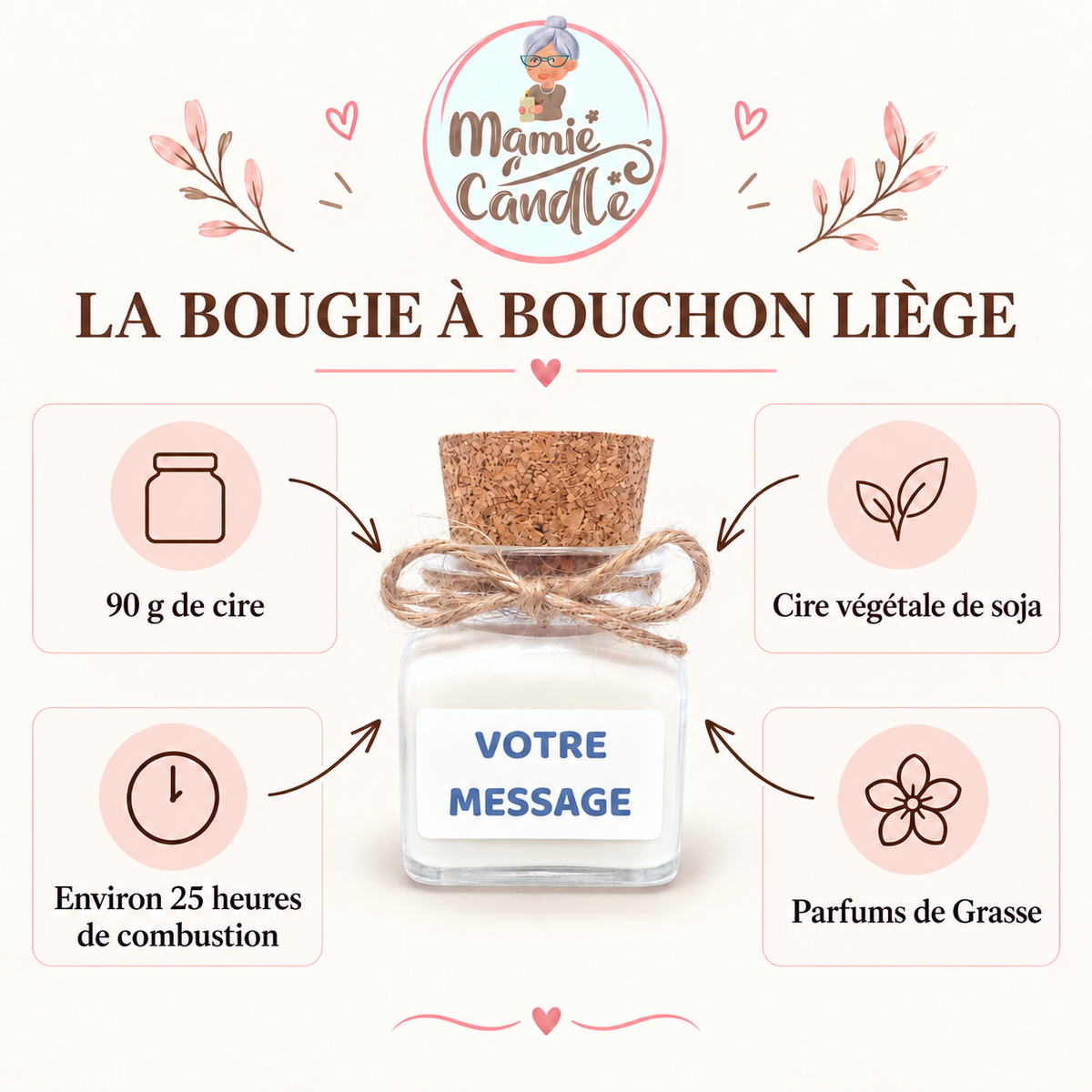 Bougie personnalisée de 90 g avec bouchon en liège, cire végétale de soja et parfum de Grasse