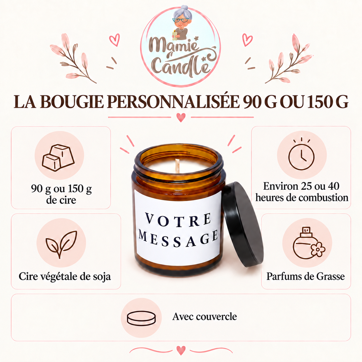 Bougie personnalisée en pot ambré de 90 g ou 150 g avec 25 ou 40 heures de combustion
