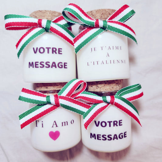 Bougie parfumée avec ruban italien tricolore (vert blanc rouge) – Décoration italienne et cadeau amoureux de l'Italie.