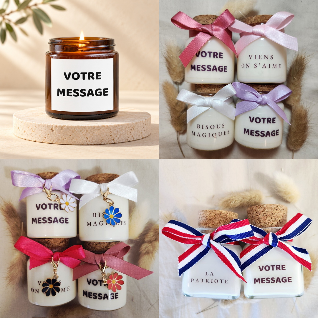 Bougies artisanales personnalisées Mamie Candle avec messages, rubans colorés et pendentifs décoratifs