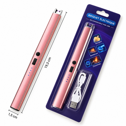 Briquet électrique rose rechargeable USB, présenté avec son emballage et un câble, de 19,3 cm de longueur et 1,5 cm de largeur.