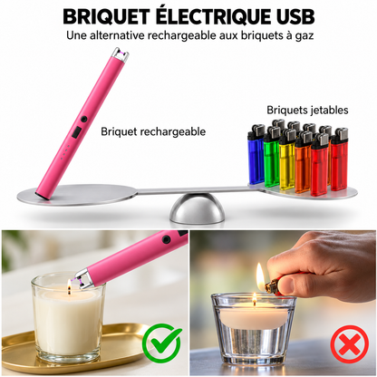 Présentation d’un briquet électrique rose rechargeable, comparé à des briquets jetables et utilisé pour allumer la mèche d’une bougie.