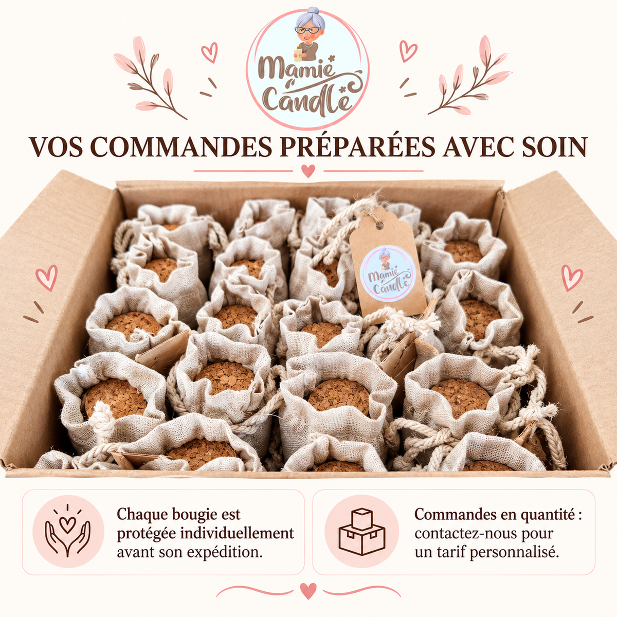 Commande de bougies personnalisées protégées individuellement avant expédition
