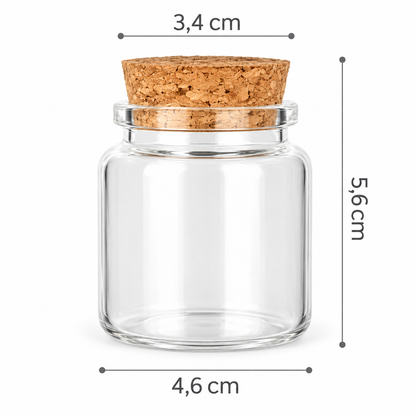 Dimensions d’un mini bocal en verre 50 ml avec bouchon en liège