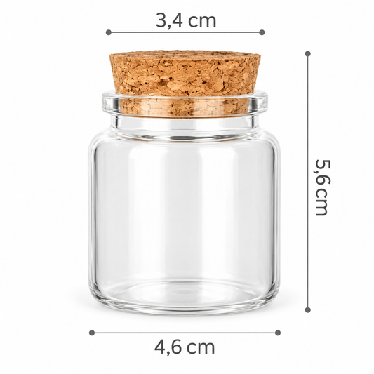 Dimensions d’un mini bocal en verre 50 ml avec bouchon en liège