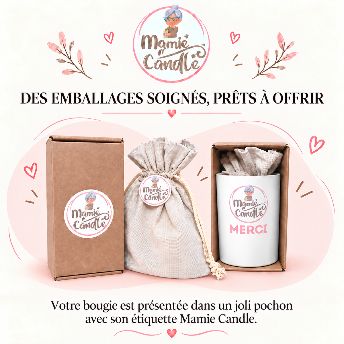 Emballages soignés prêts à offrir pour les bougies personnalisées Mamie Candle