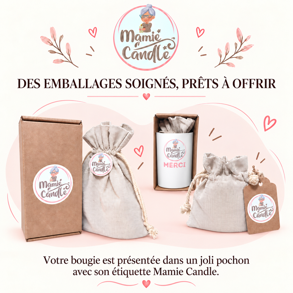 Emballages soignés prêts à offrir pour les bougies personnalisées Mamie Candle