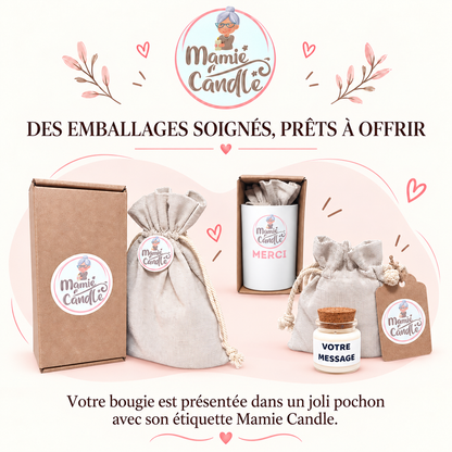 Emballages soignés prêts à offrir pour les bougies personnalisées Mamie Candle