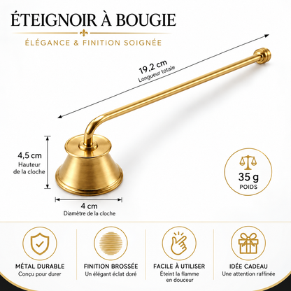 Dimensions de l’éteignoir doré : longueur 19,2 cm, cloche de 4,5 cm de hauteur et 4 cm de diamètre, poids 35 g.