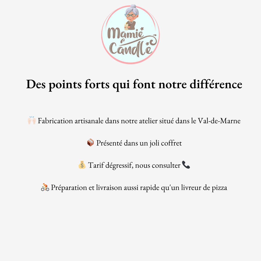 Avantages Mamie Candle : fabrication artisanale Val-de-Marne, coffret cadeau inclus, tarifs dégressifs et livraison rapide