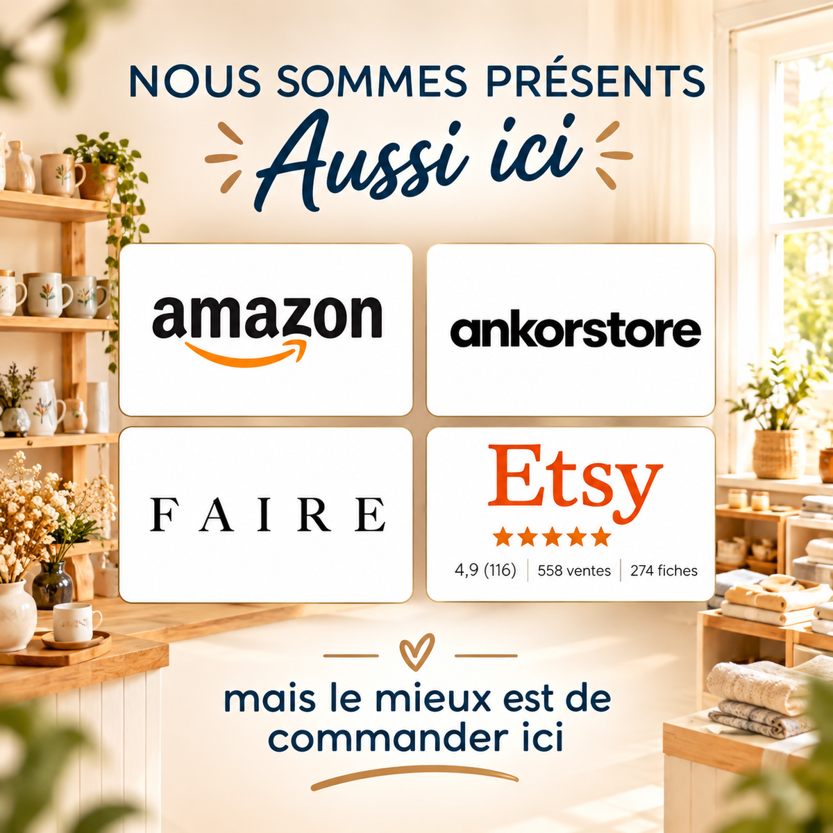 Présence de Mamie Candle sur Amazon, Ankorstore, Faire et Etsy