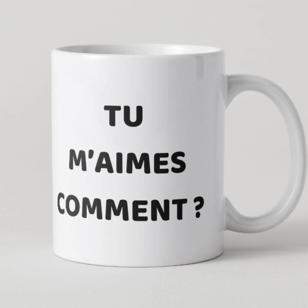Mug blanc avec texte noir élégant Tu m'aimes comment ? pour cadeau de couple