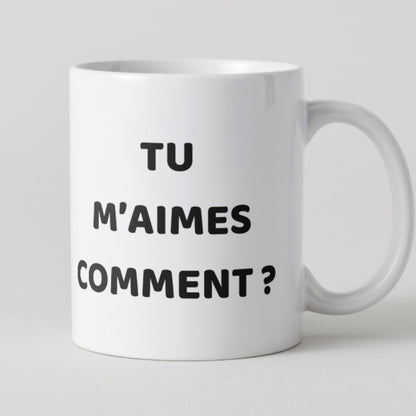 Mug blanc avec texte noir élégant Tu m'aimes comment ? pour cadeau de couple