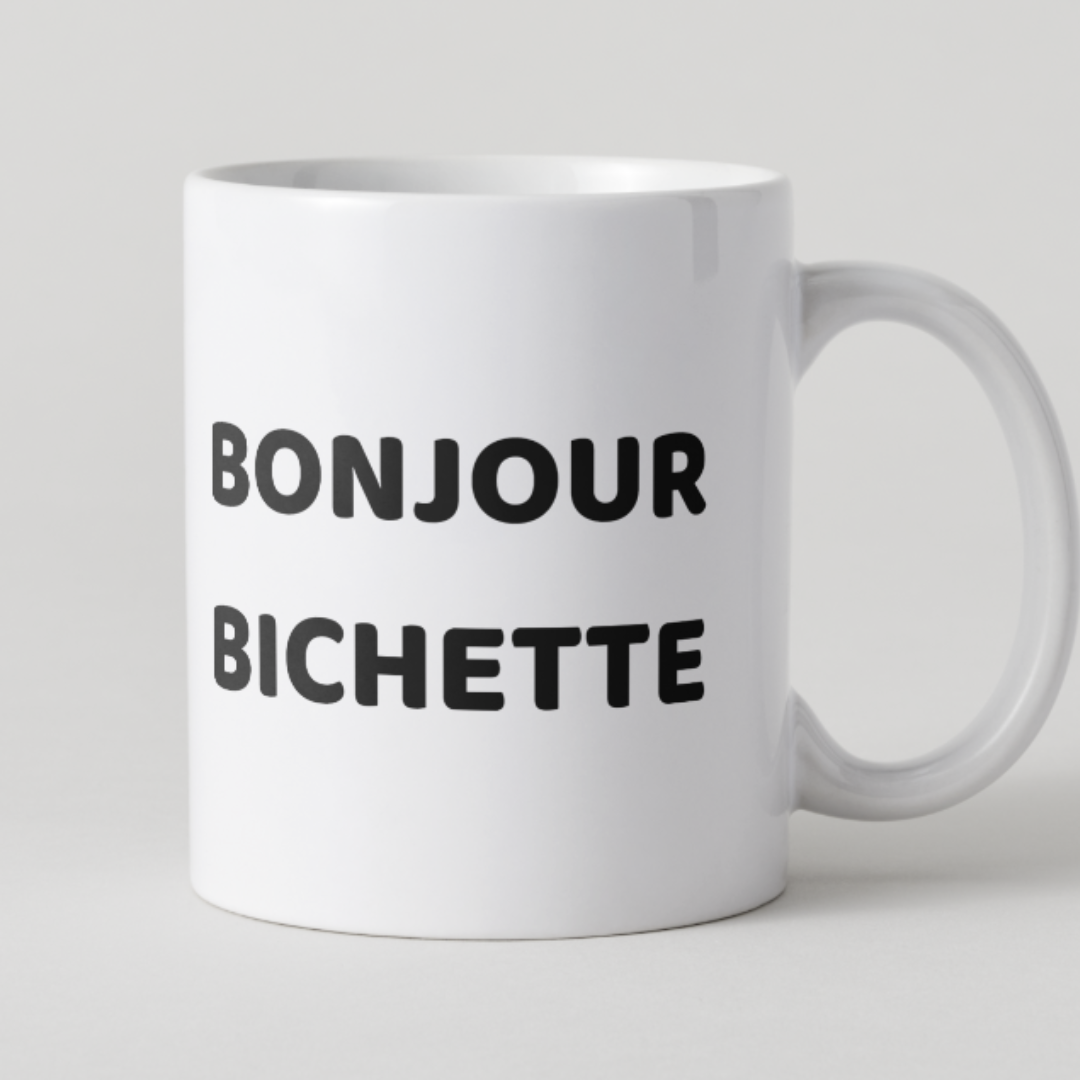 Mug blanc texte noir message humour Bonjour