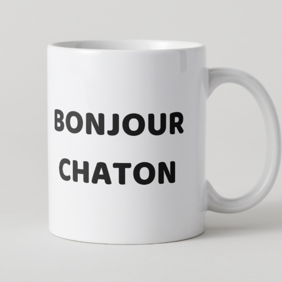 Mug blanc texte noir message humour Bonjour chaton