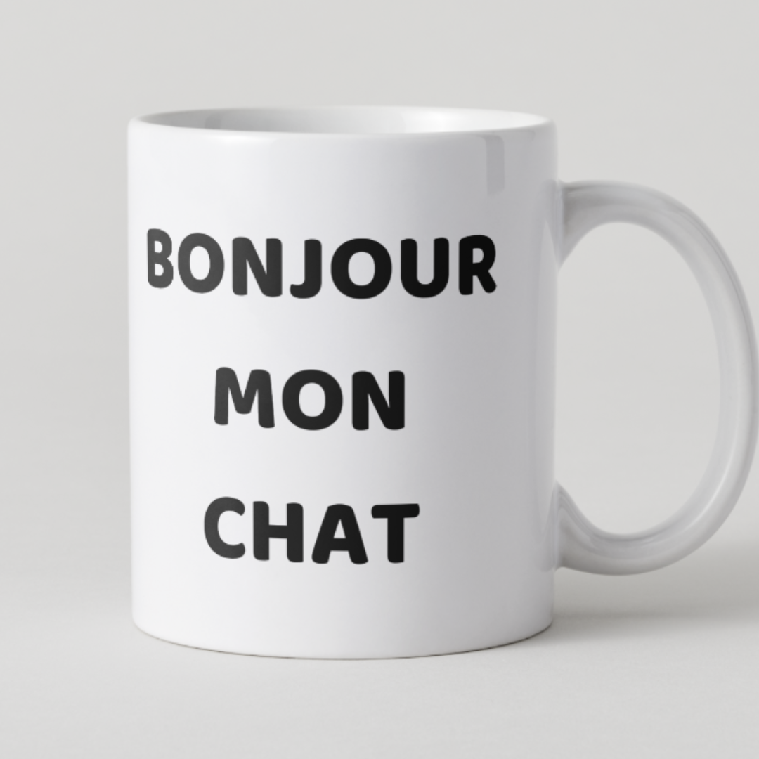 Mug blanc texte noir message humour Bonjour mon chat