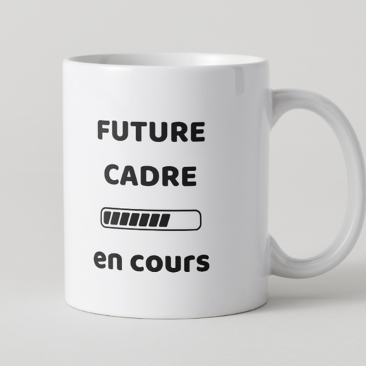 Mug blanc texte noir Future cadre en cours avec barre de chargement.