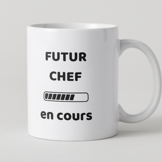 Mug blanc texte noir Futur chef en cours avec barre de chargement.