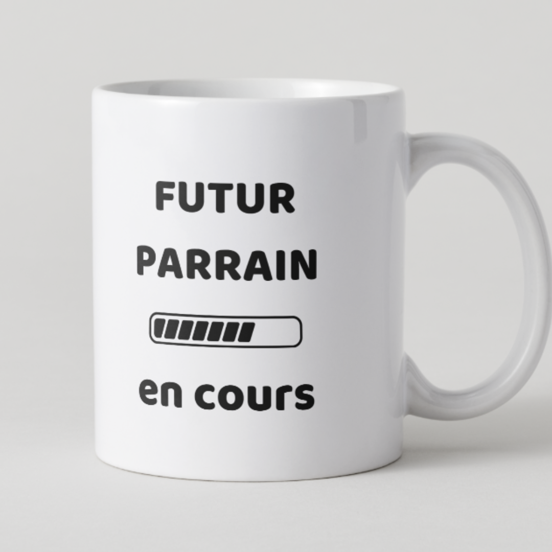 Mug blanc texte noir Futur Parrain en cours avec barre de chargement.