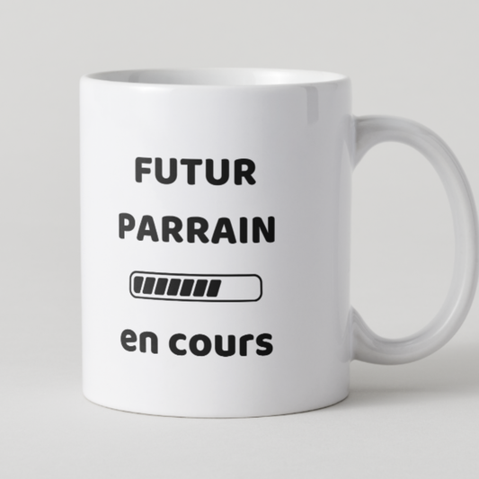 Mug blanc texte noir Futur Parrain en cours avec barre de chargement.