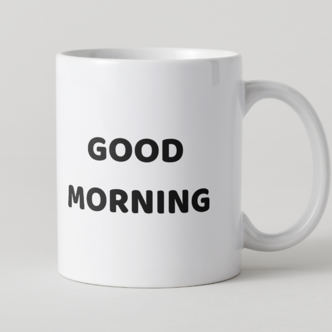 Mug blanc minimaliste avec inscription noire Good Morning.