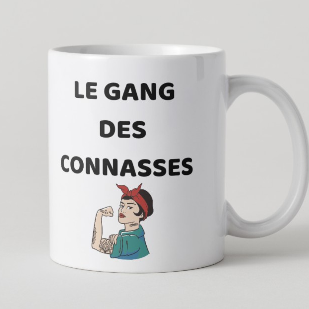 Mug blanc avec l'inscription noire Le Gang des Connasses pour un cadeau de copines drôle.