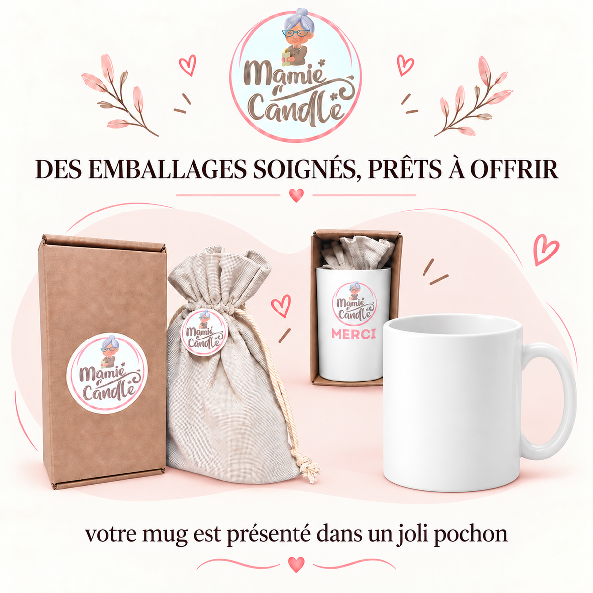 Mug Mamie Candle présenté dans son pochon cadeau prêt à offrir