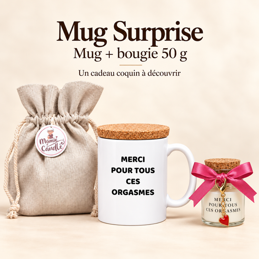 Mug blanc « Merci pour tous ces orgasmes » avec couvercle en liège, bougie de 50 g ornée d’un ruban rose et d’un pendentif cœur rouge, et pochon Mamie Candle.