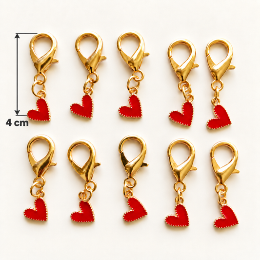 Lot de 10 charms cœur rouge dans une larme dorée avec mousqueton