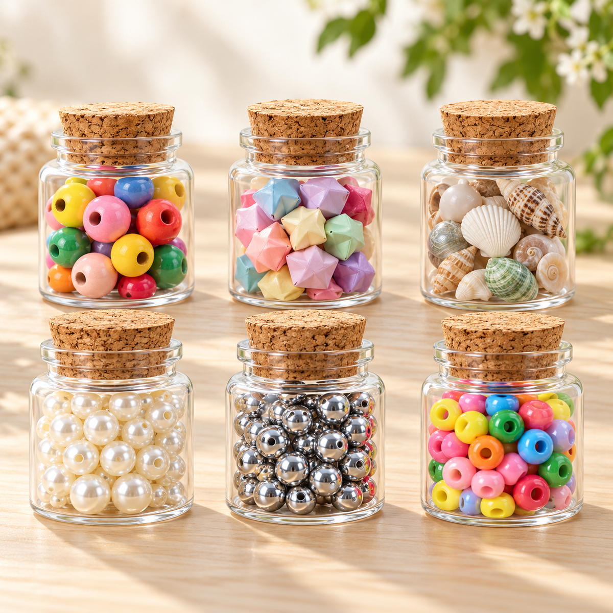 Petits pots en verre transparent avec bouchons en liège, remplis de perles colorées, d’étoiles en papier et de coquillages, présentés sur une table en bois.