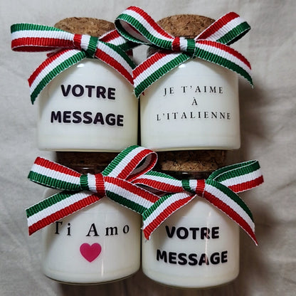Bougie parfumée avec ruban italien tricolore (vert blanc rouge) – Décoration italienne et cadeau amoureux de l'Italie.